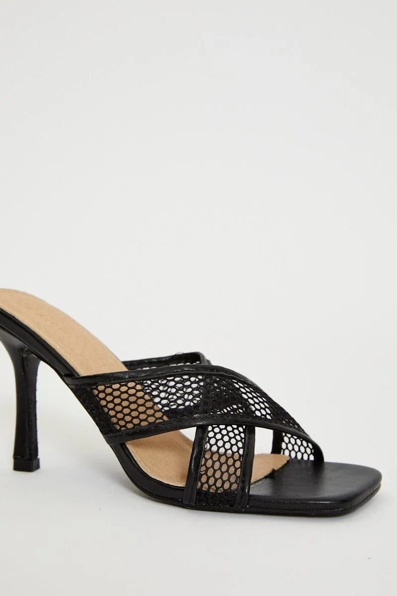 Black Penelope Cross Over Mesh Strap High Heel Mule