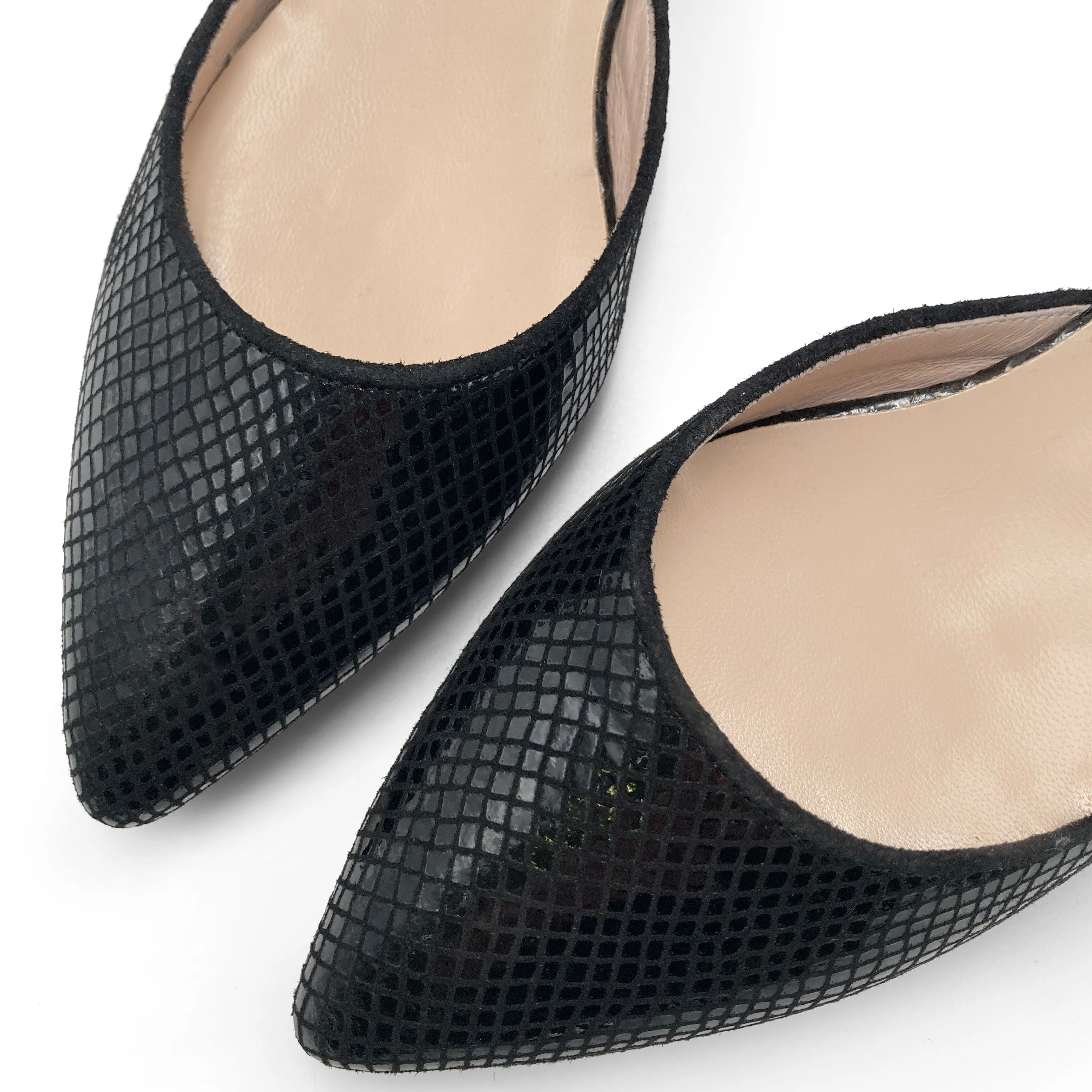 Black Summer Mule Shoes in Laminated Animal Print Suede with Ankle Tie