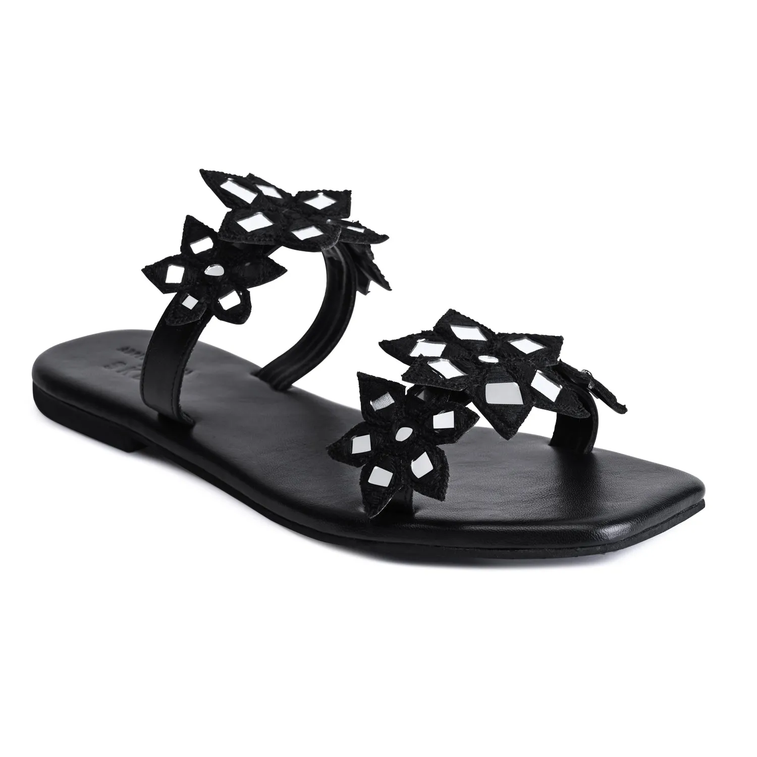 Blooming Flower Noir Flat Sandals For Women