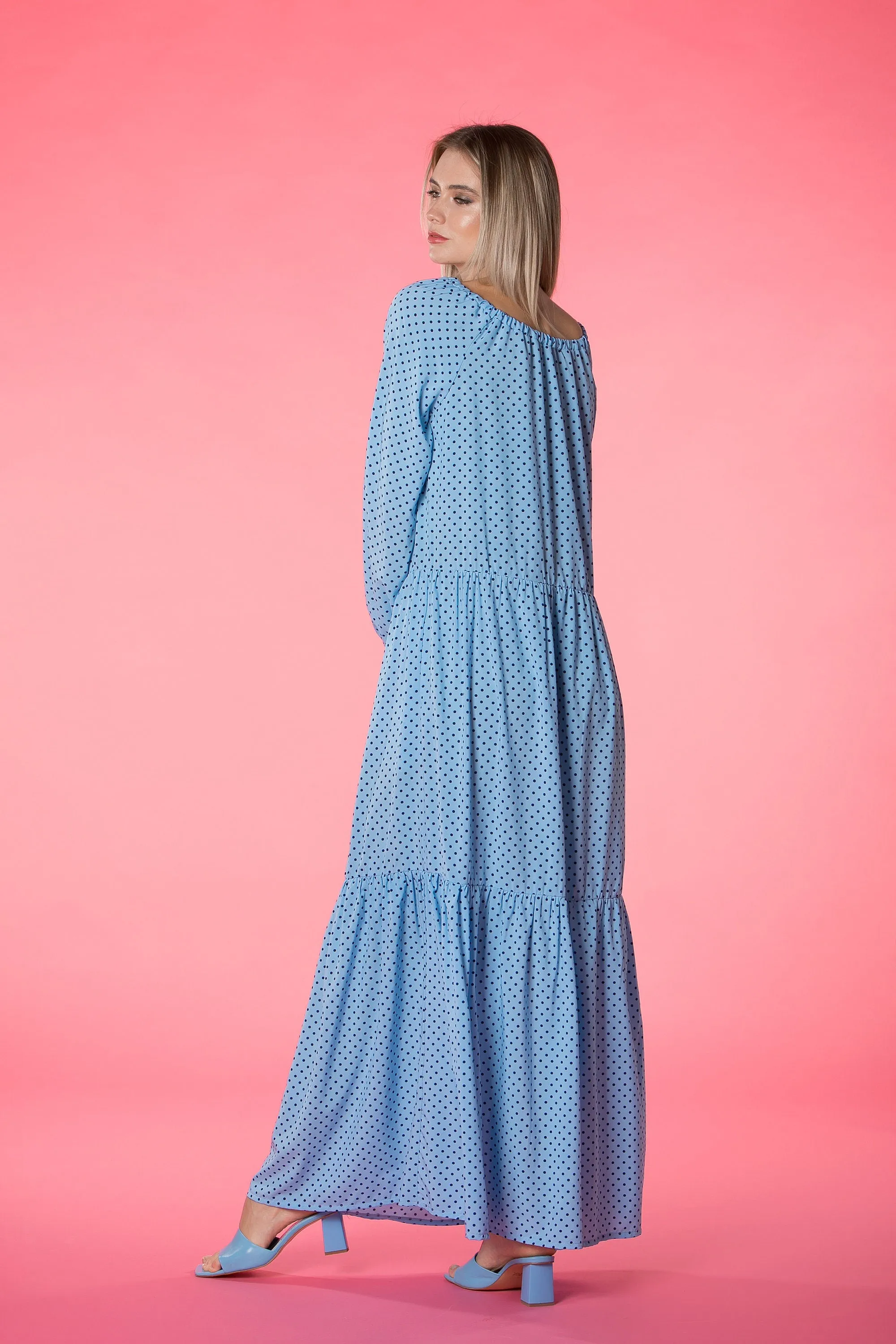 Blue Kaftan Dress, Polka Dot Dress, Bohemian Clothing, Bishop Sleeve Dress, Beach Dress, Loose Maxi Dress, Summer Dress, Plus Size Clothing