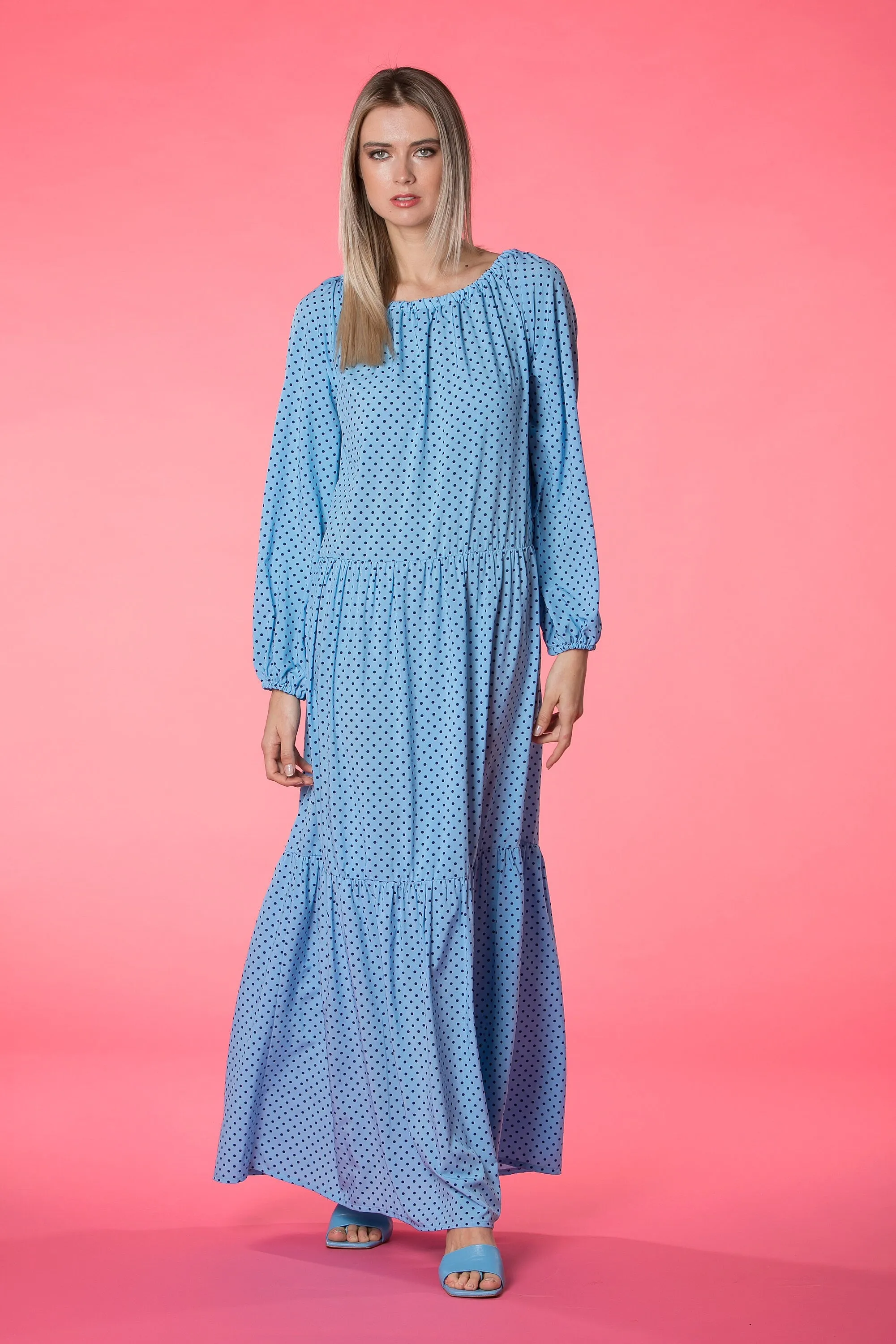 Blue Kaftan Dress, Polka Dot Dress, Bohemian Clothing, Bishop Sleeve Dress, Beach Dress, Loose Maxi Dress, Summer Dress, Plus Size Clothing