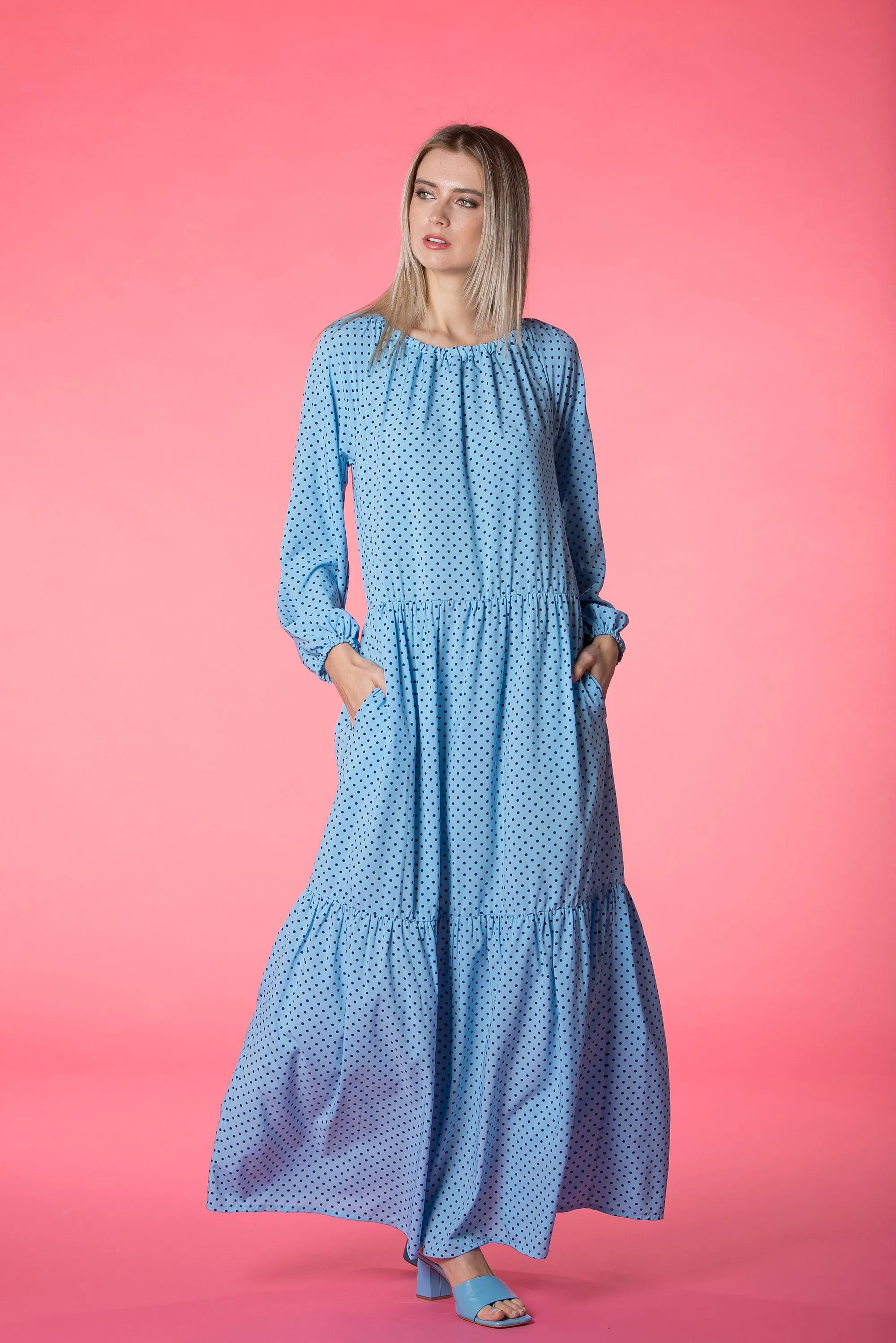 Blue Kaftan Dress, Polka Dot Dress, Bohemian Clothing, Bishop Sleeve Dress, Beach Dress, Loose Maxi Dress, Summer Dress, Plus Size Clothing