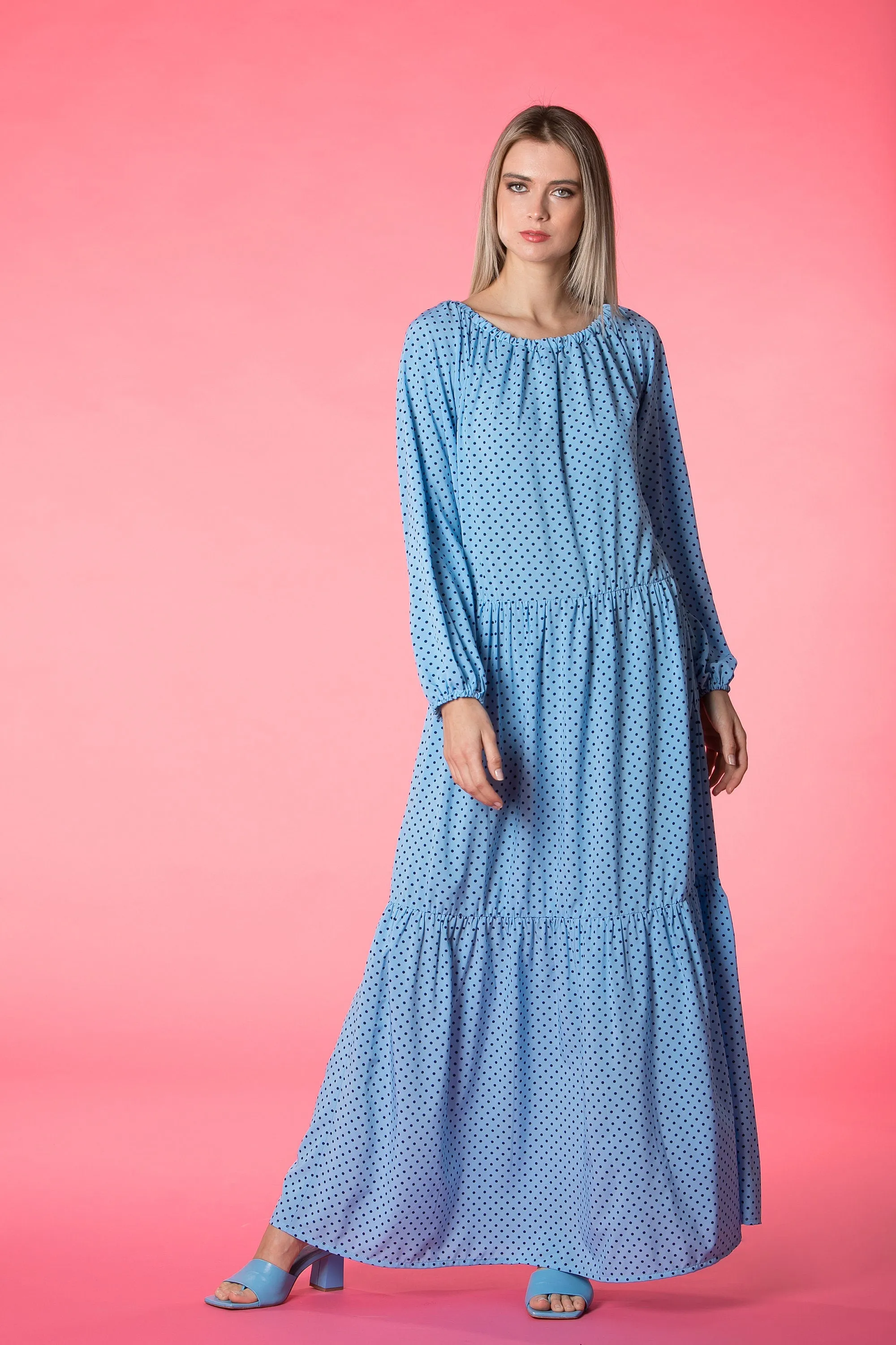 Blue Kaftan Dress, Polka Dot Dress, Bohemian Clothing, Bishop Sleeve Dress, Beach Dress, Loose Maxi Dress, Summer Dress, Plus Size Clothing