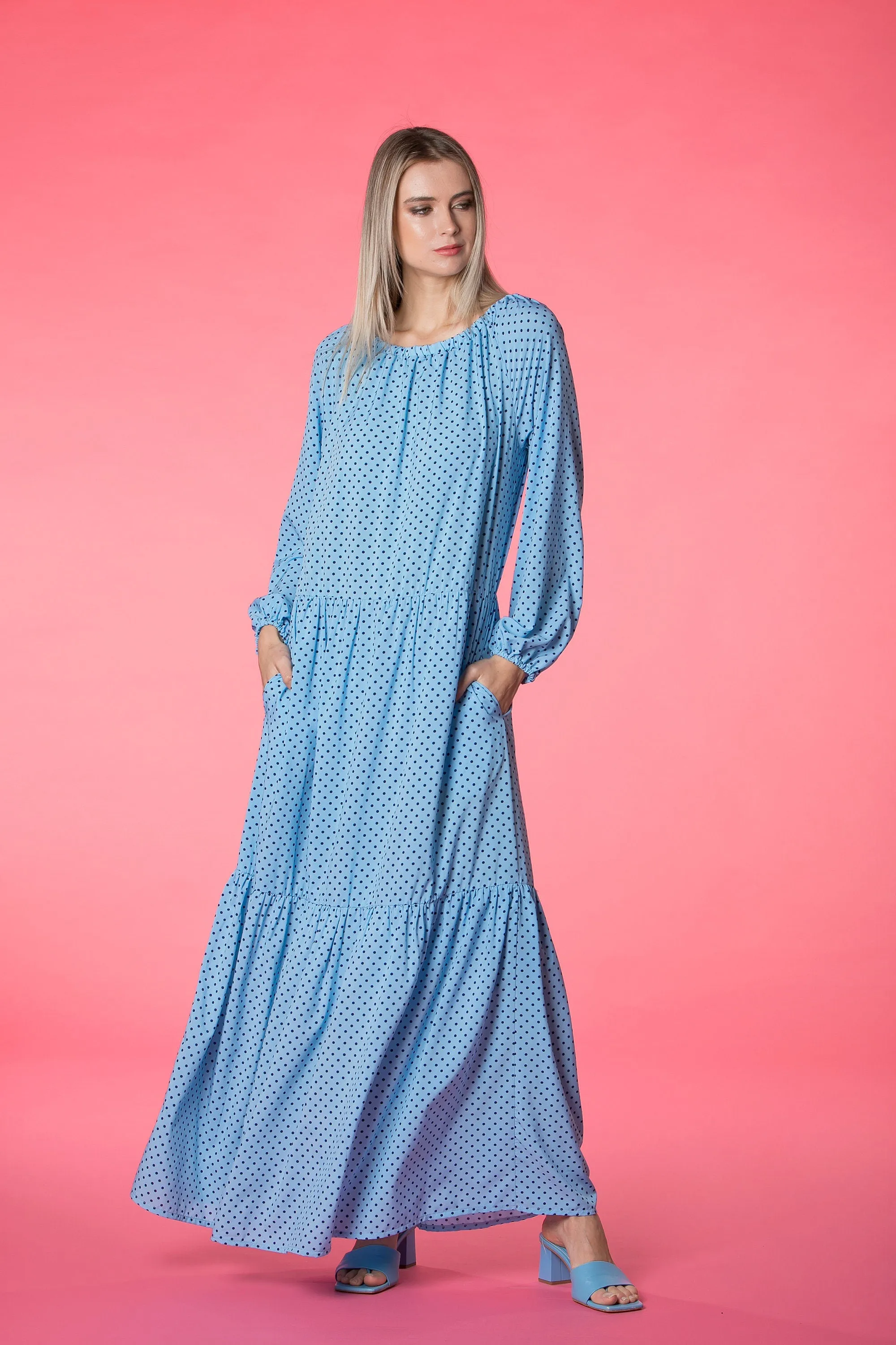 Blue Kaftan Dress, Polka Dot Dress, Bohemian Clothing, Bishop Sleeve Dress, Beach Dress, Loose Maxi Dress, Summer Dress, Plus Size Clothing