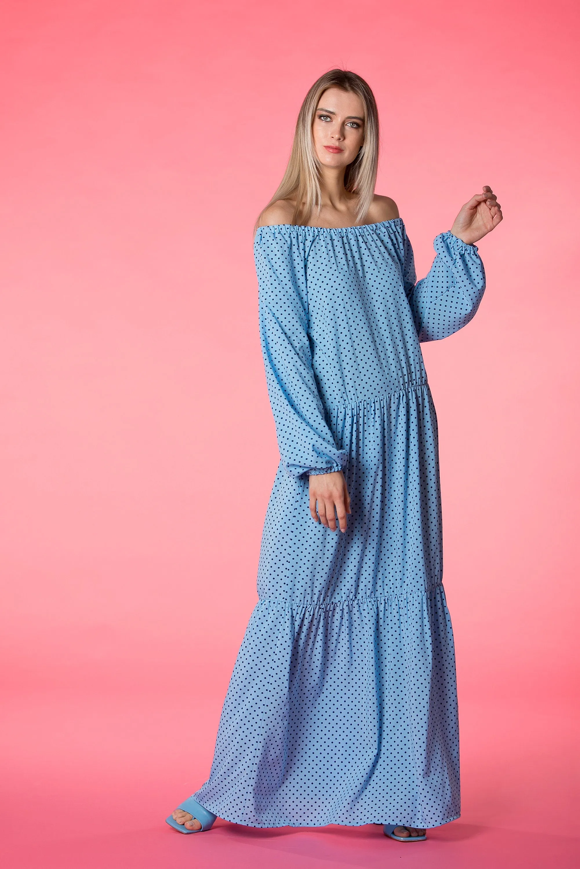 Blue Kaftan Dress, Polka Dot Dress, Bohemian Clothing, Bishop Sleeve Dress, Beach Dress, Loose Maxi Dress, Summer Dress, Plus Size Clothing