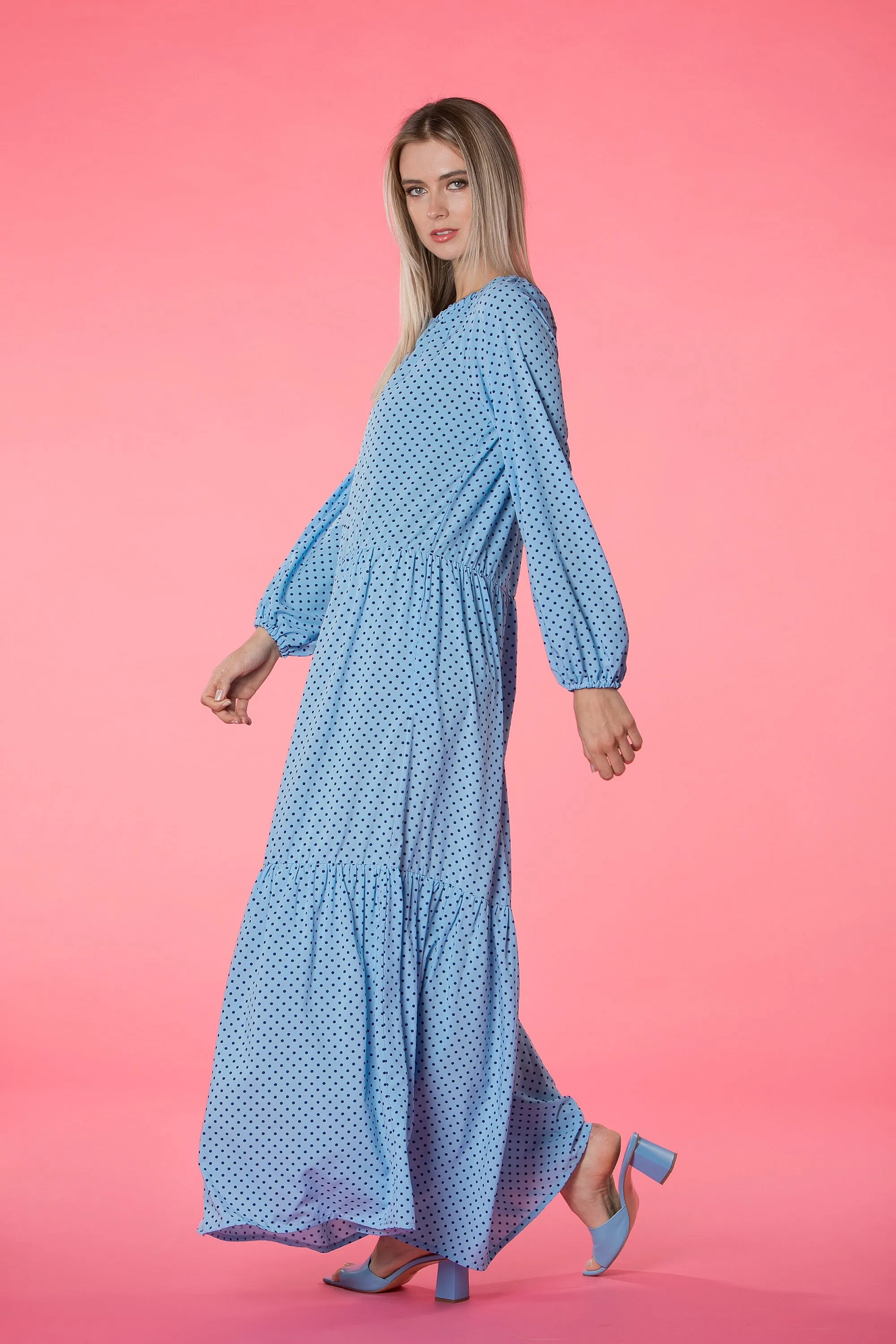Blue Kaftan Dress, Polka Dot Dress, Bohemian Clothing, Bishop Sleeve Dress, Beach Dress, Loose Maxi Dress, Summer Dress, Plus Size Clothing