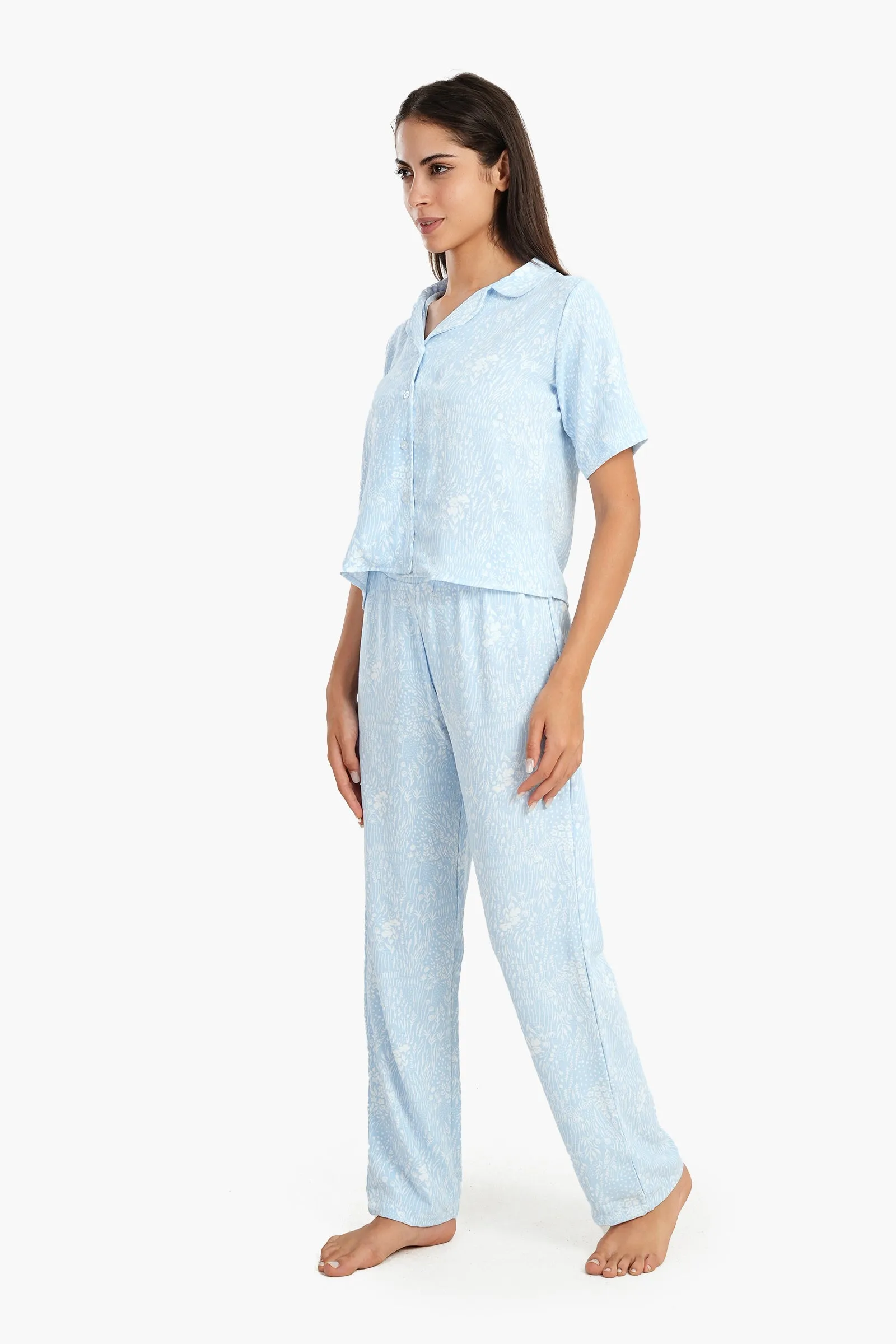 Blue Self Pattern Pyjama Set