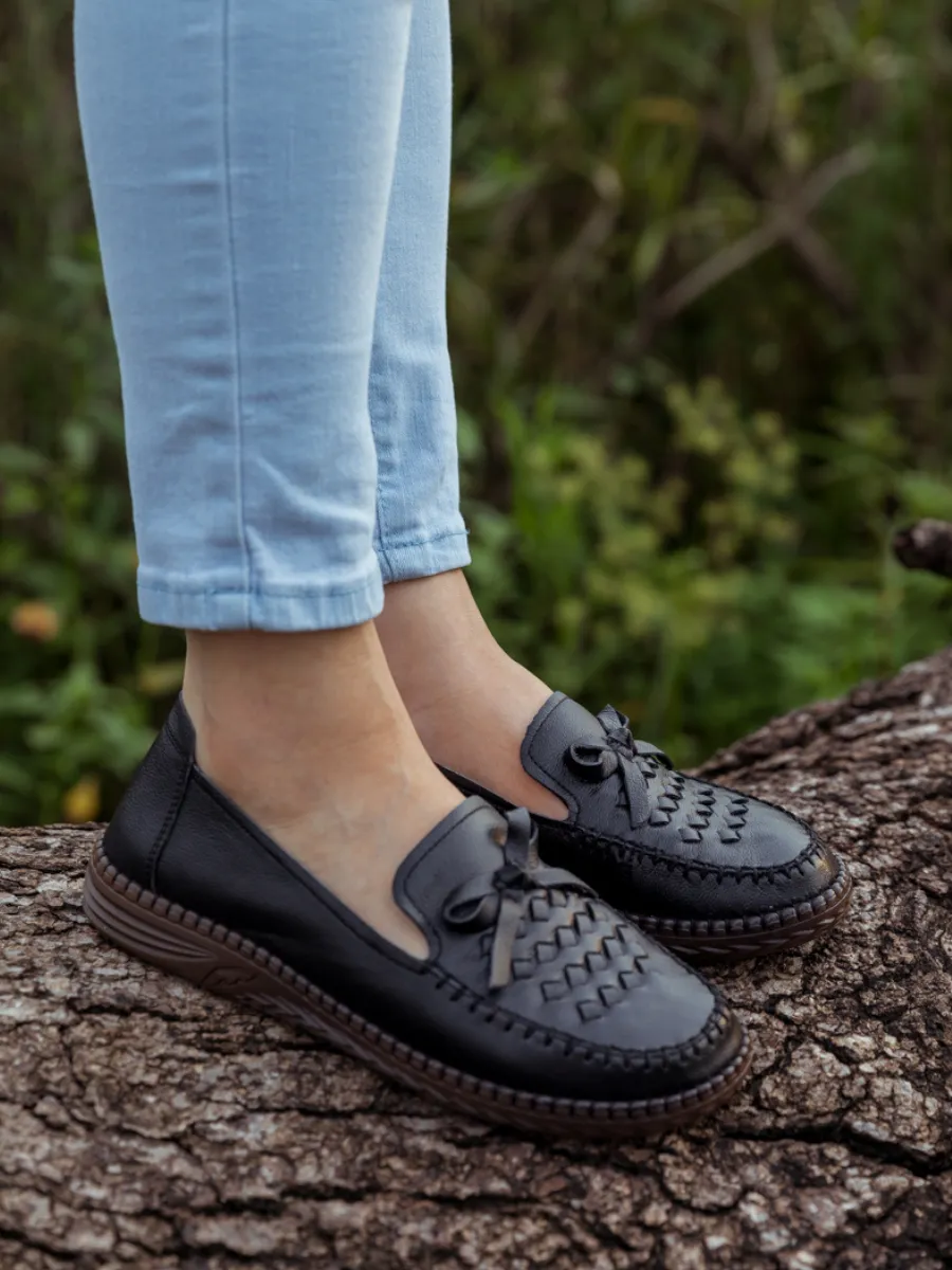 Braided Upper Leather Loafer - Black