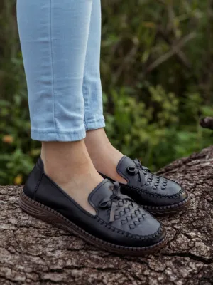 Braided Upper Leather Loafer - Black