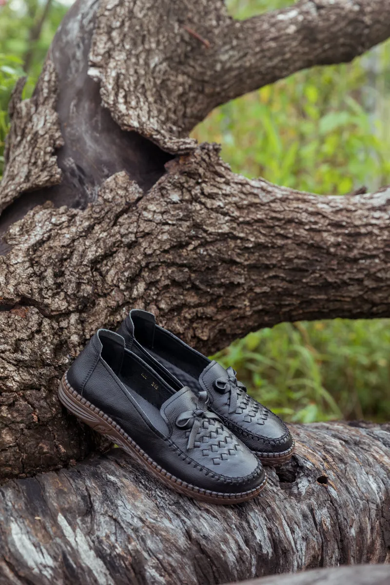 Braided Upper Leather Loafer - Black