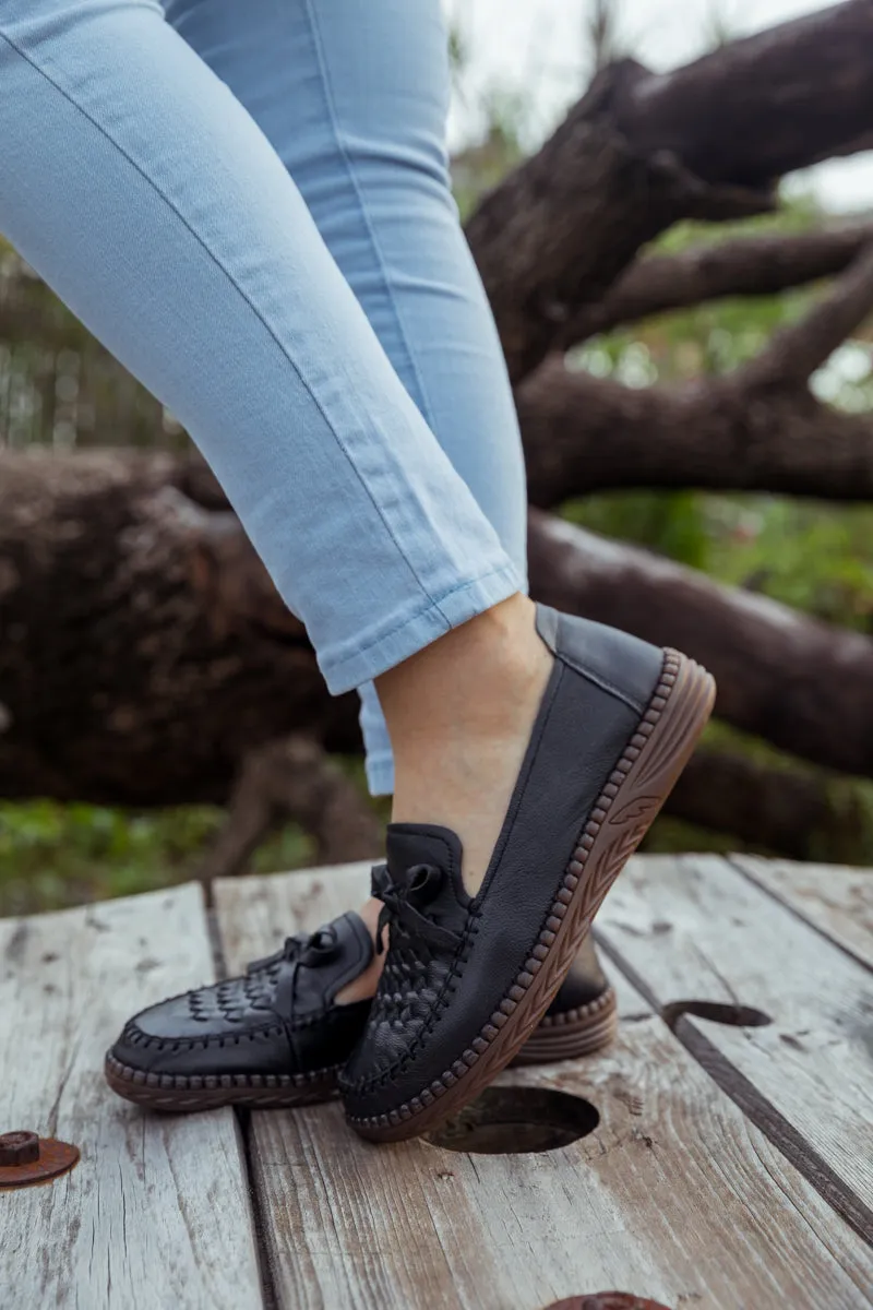 Braided Upper Leather Loafer - Black