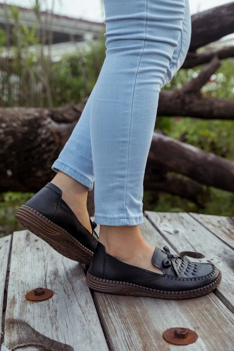 Braided Upper Leather Loafer - Black