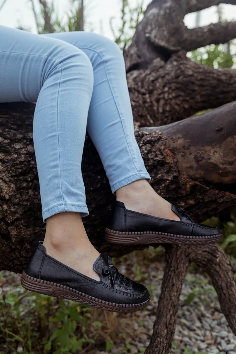 Braided Upper Leather Loafer - Black