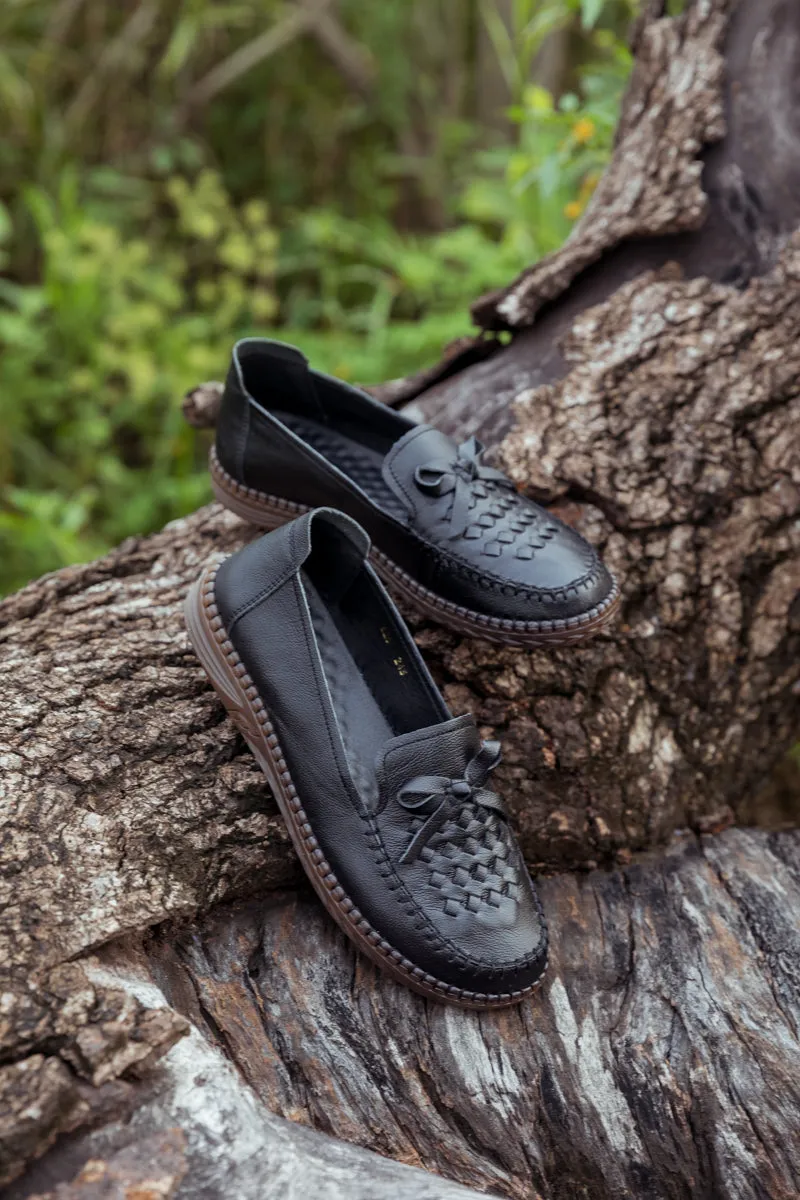 Braided Upper Leather Loafer - Black