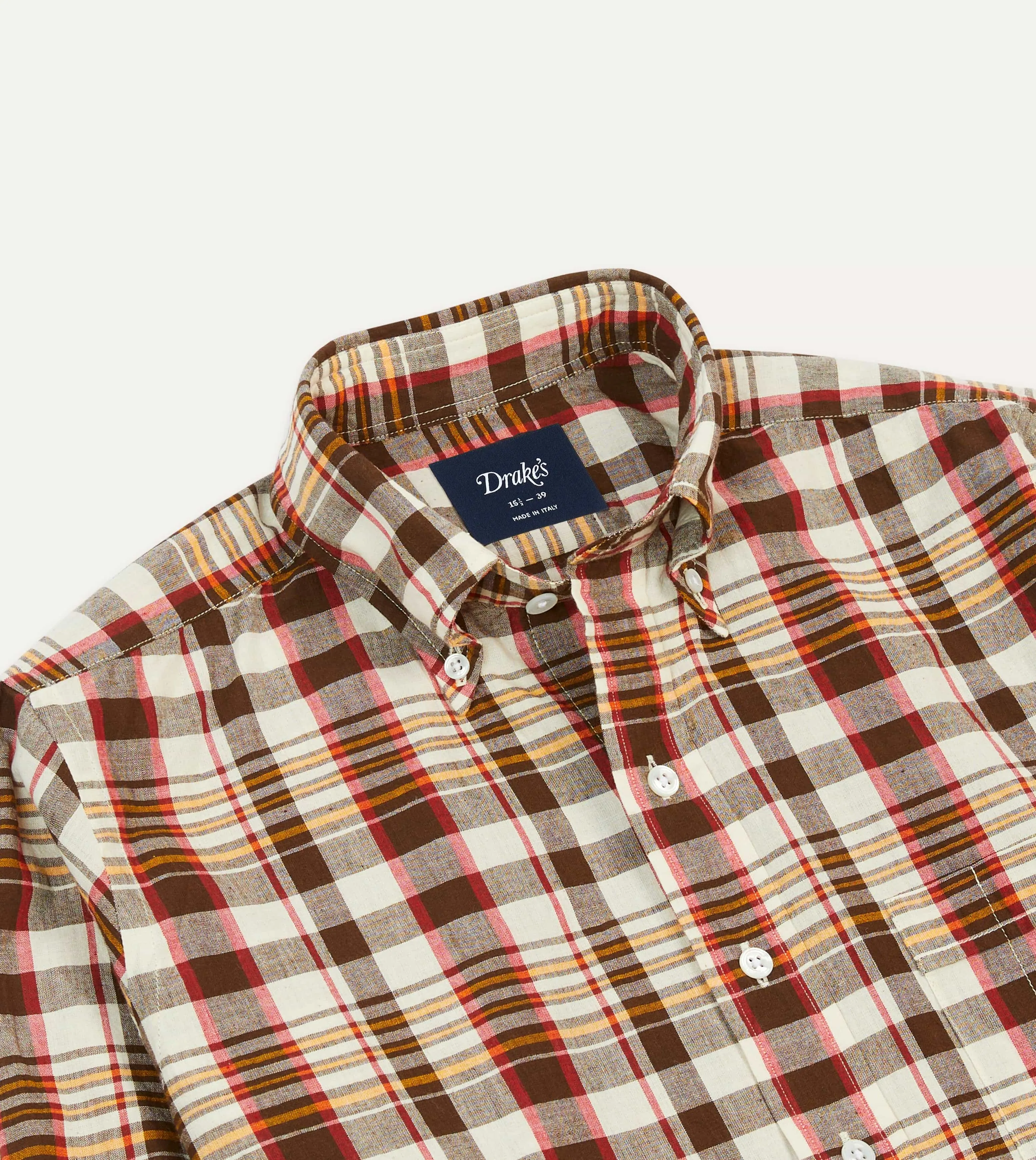 Brown and Red Madras Check Cotton Button-Down Shirt