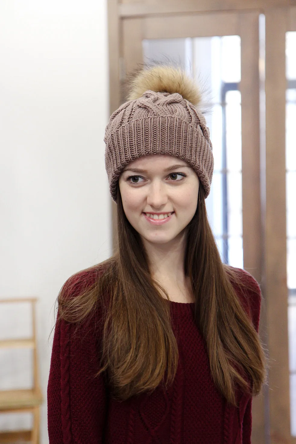 Brown Merino Wool Knitted Hat With Fur Pom Pom