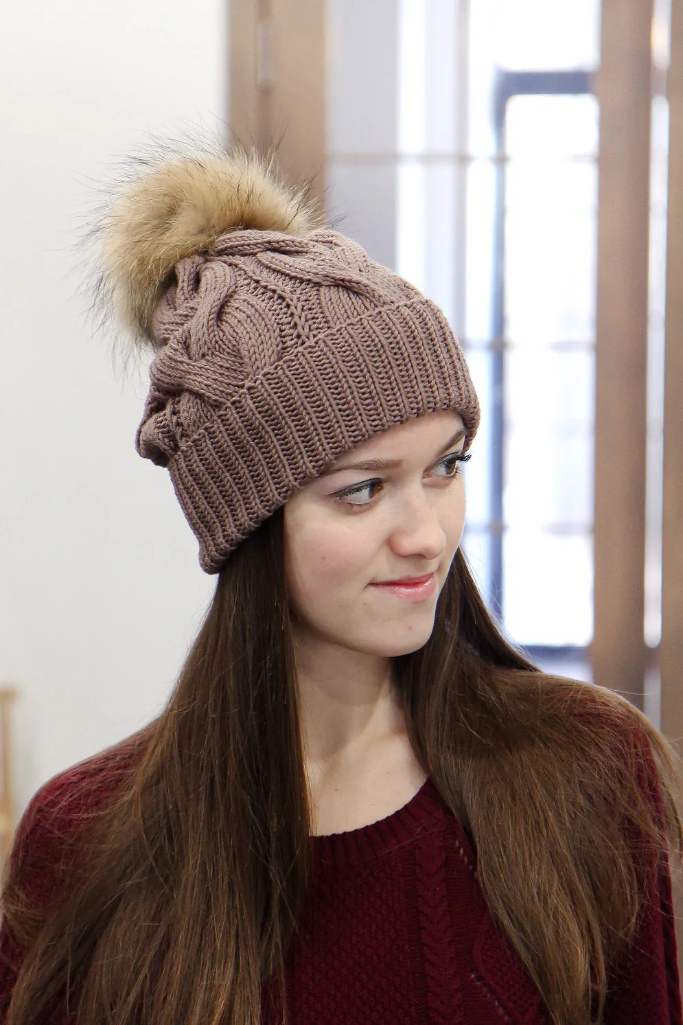 Brown Merino Wool Knitted Hat With Fur Pom Pom