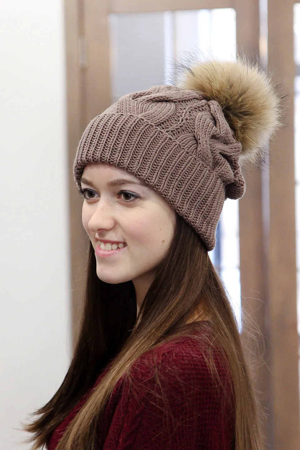 Brown Merino Wool Knitted Hat With Fur Pom Pom