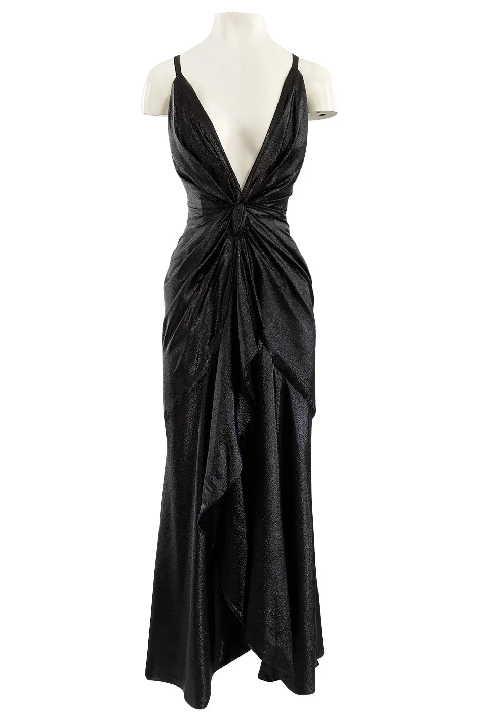 c.1984 John Anthony Black Metallic Lame Jersey Dress w Very Deep Front Plunge & No Back