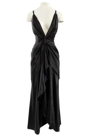c.1984 John Anthony Black Metallic Lame Jersey Dress w Very Deep Front Plunge & No Back