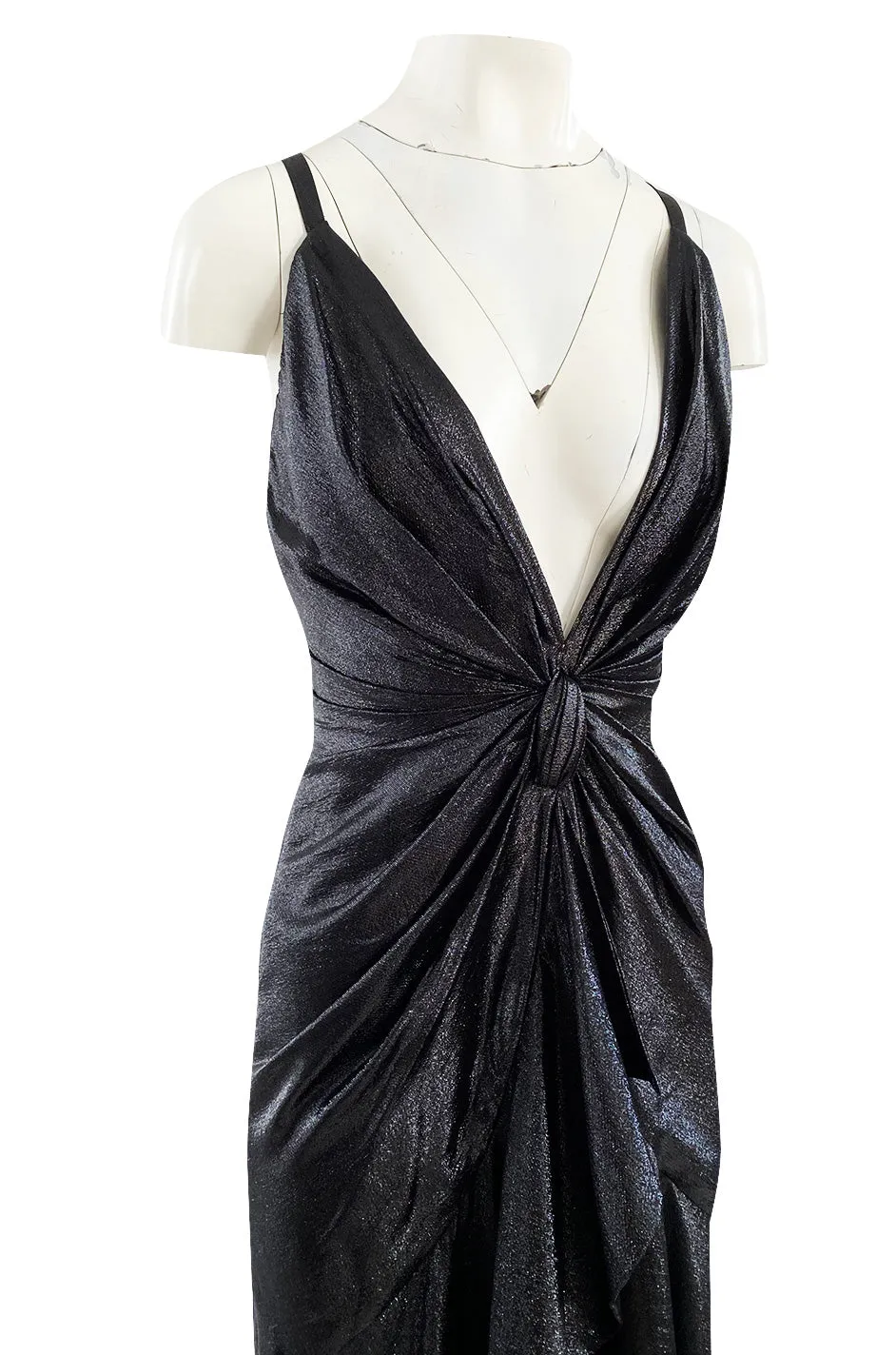 c.1984 John Anthony Black Metallic Lame Jersey Dress w Very Deep Front Plunge & No Back