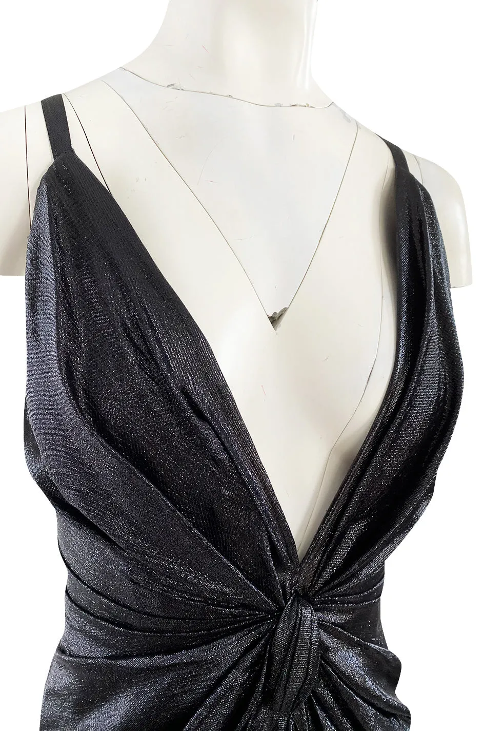 c.1984 John Anthony Black Metallic Lame Jersey Dress w Very Deep Front Plunge & No Back