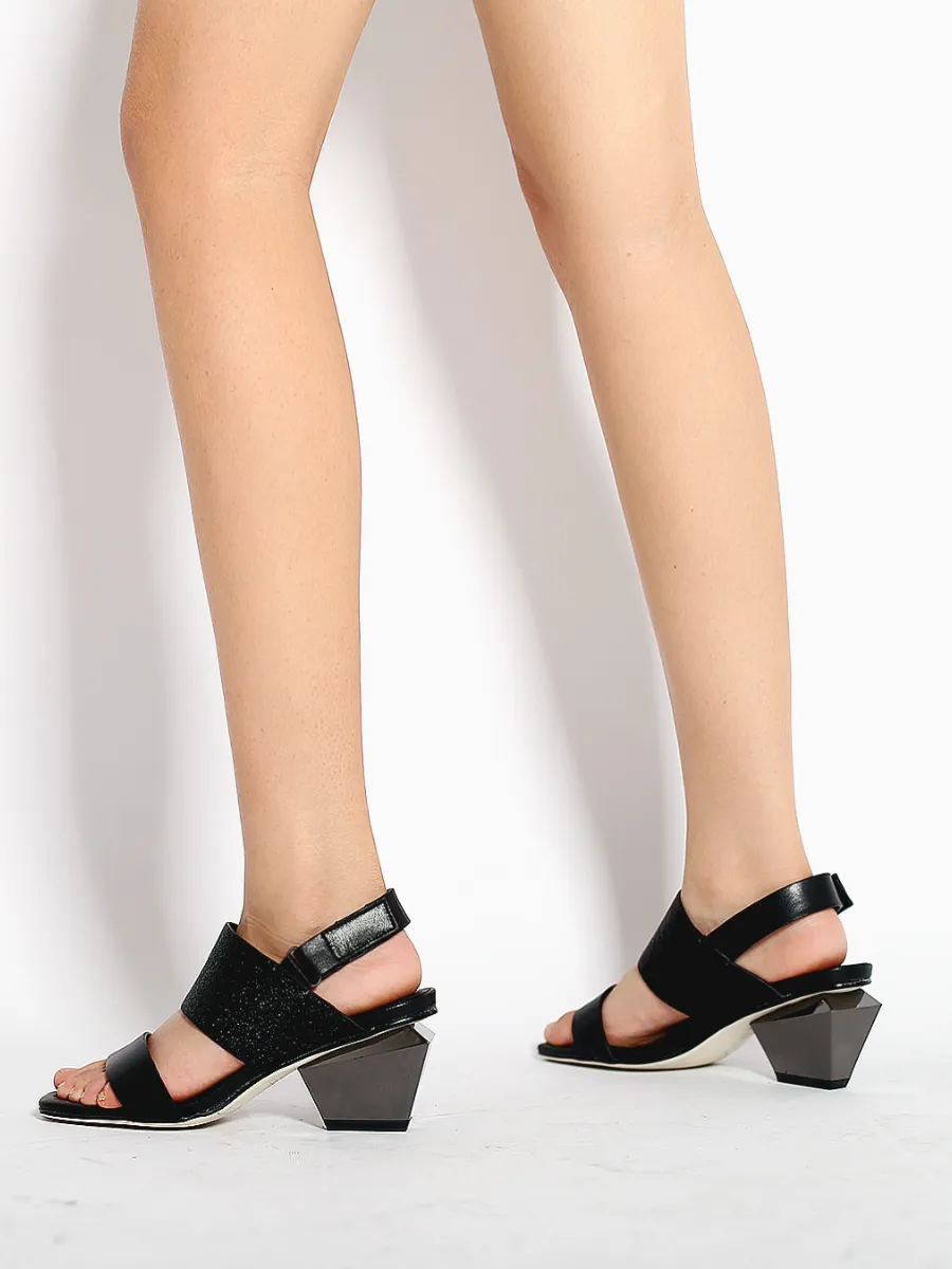 Casey Geometry Heels Leather Black Slingback Sandals