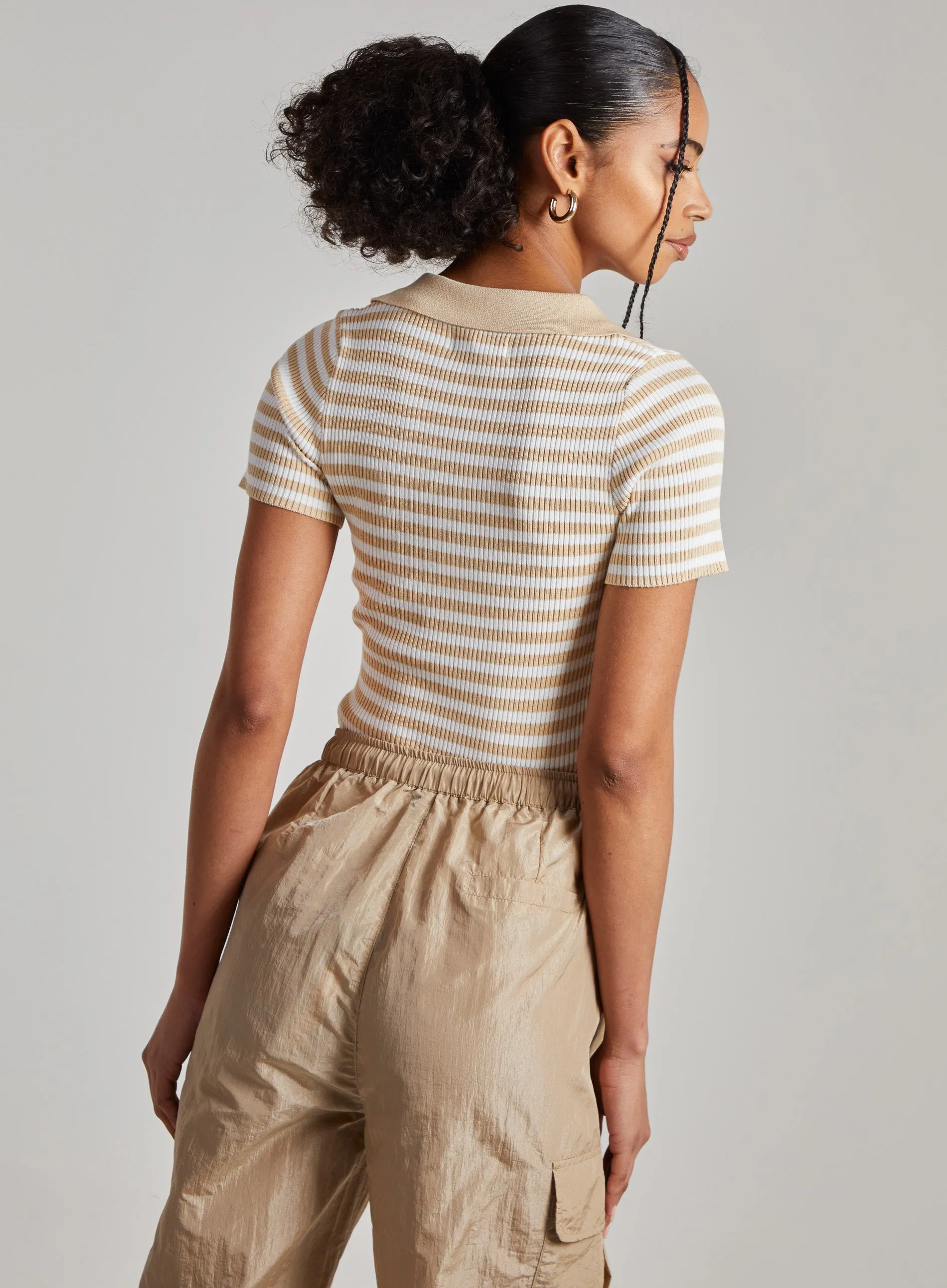 Collared Striped Knitted Polo Top