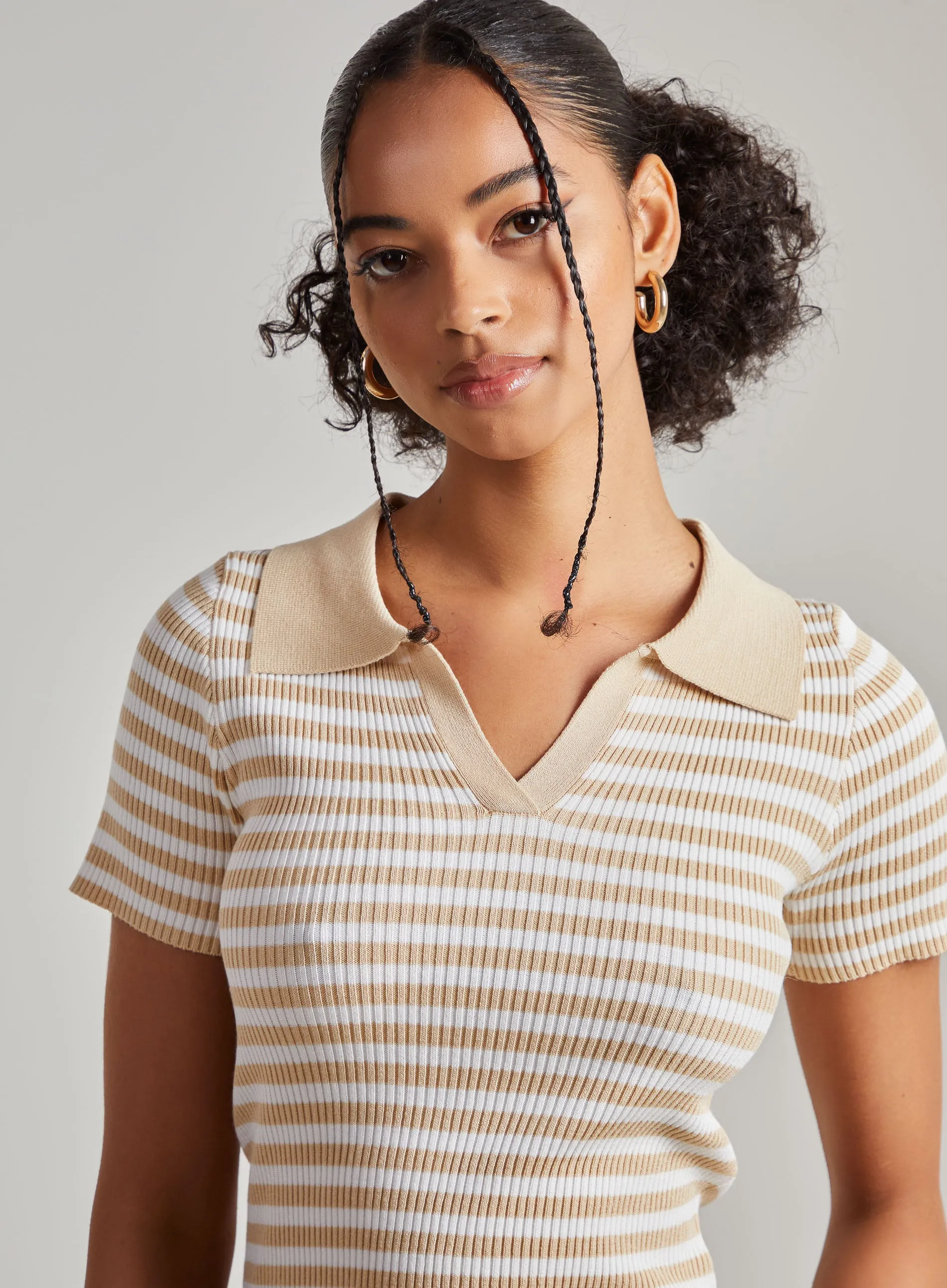 Collared Striped Knitted Polo Top