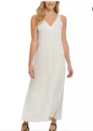 DKNY V-Neck Linen Midi Slit Side Dress