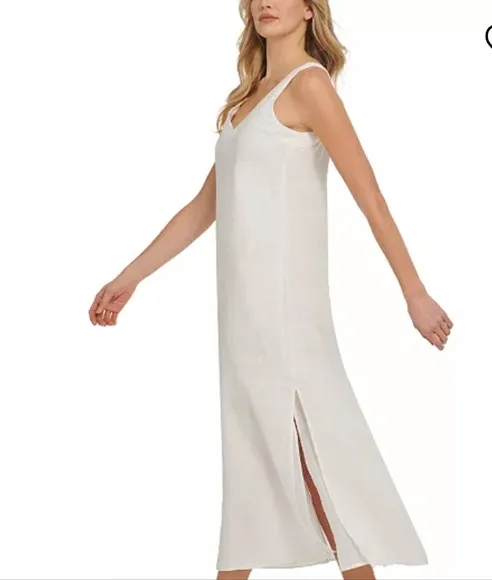 DKNY V-Neck Linen Midi Slit Side Dress