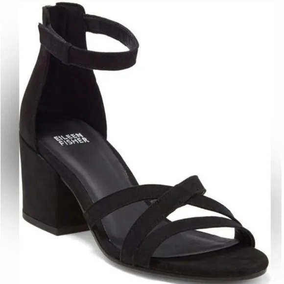 Eileen Fisher Jazzy Heel Sandals 8.5 NEW Black Leather Block Ankle Strap