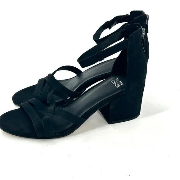 Eileen Fisher Jazzy Heel Sandals 8.5 NEW Black Leather Block Ankle Strap