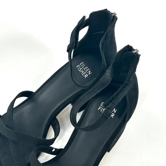 Eileen Fisher Jazzy Heel Sandals 8.5 NEW Black Leather Block Ankle Strap