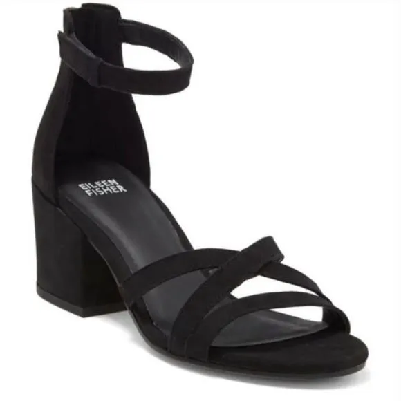 Eileen Fisher Jazzy Heel Sandals 8.5 NEW Black Leather Block Ankle Strap