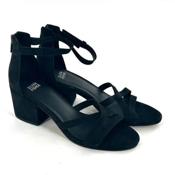 Eileen Fisher Jazzy Heel Sandals 8.5 NEW Black Leather Block Ankle Strap