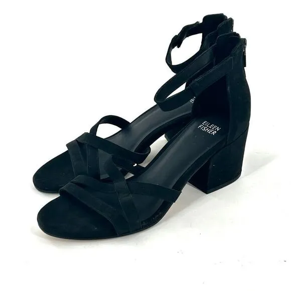 Eileen Fisher Jazzy Heel Sandals 8.5 NEW Black Leather Block Ankle Strap