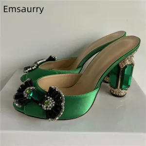 Emerald Diamond Candy Butterfly-knot Sandals Women Luxury Satin Open Toe Jeweled Rhinestone High Heel Shoes Woman