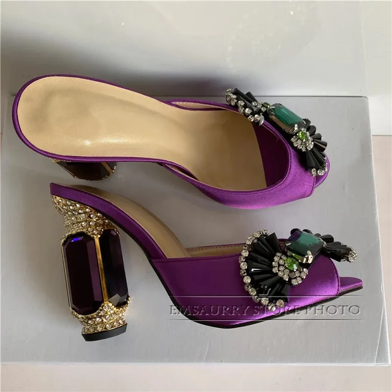 Emerald Diamond Candy Butterfly-knot Sandals Women Luxury Satin Open Toe Jeweled Rhinestone High Heel Shoes Woman