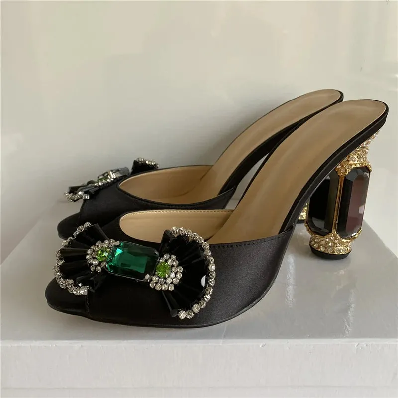 Emerald Diamond Candy Butterfly-knot Sandals Women Luxury Satin Open Toe Jeweled Rhinestone High Heel Shoes Woman