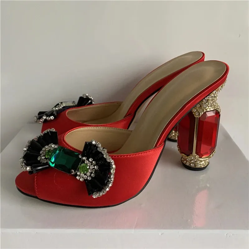 Emerald Diamond Candy Butterfly-knot Sandals Women Luxury Satin Open Toe Jeweled Rhinestone High Heel Shoes Woman