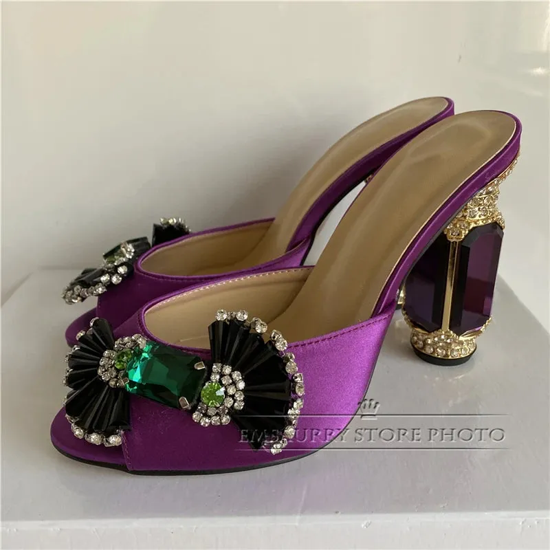 Emerald Diamond Candy Butterfly-knot Sandals Women Luxury Satin Open Toe Jeweled Rhinestone High Heel Shoes Woman