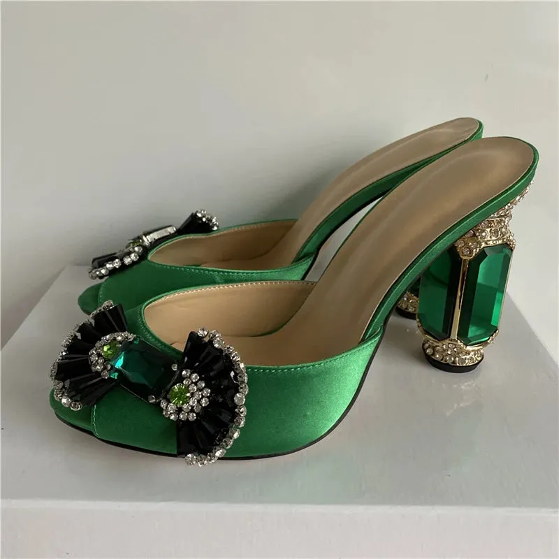 Emerald Diamond Candy Butterfly-knot Sandals Women Luxury Satin Open Toe Jeweled Rhinestone High Heel Shoes Woman