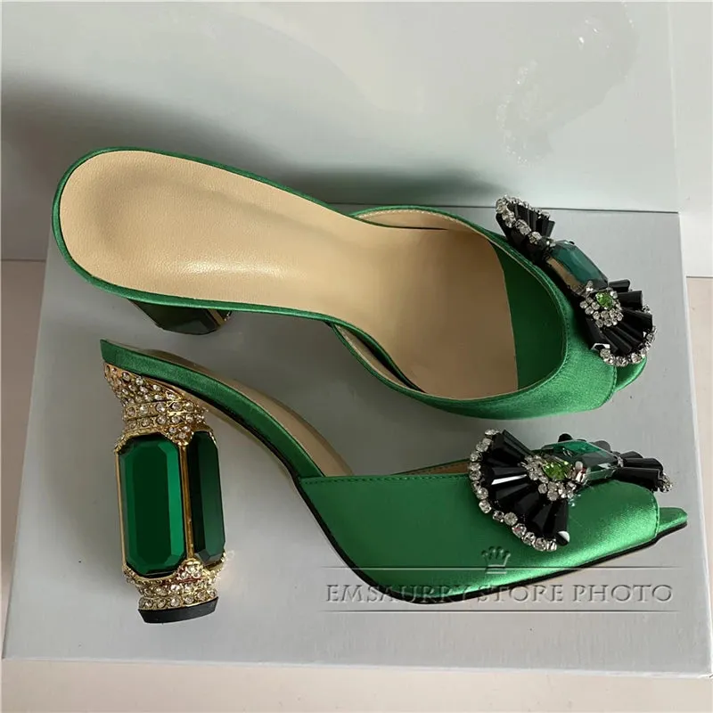 Emerald Diamond Candy Butterfly-knot Sandals Women Luxury Satin Open Toe Jeweled Rhinestone High Heel Shoes Woman
