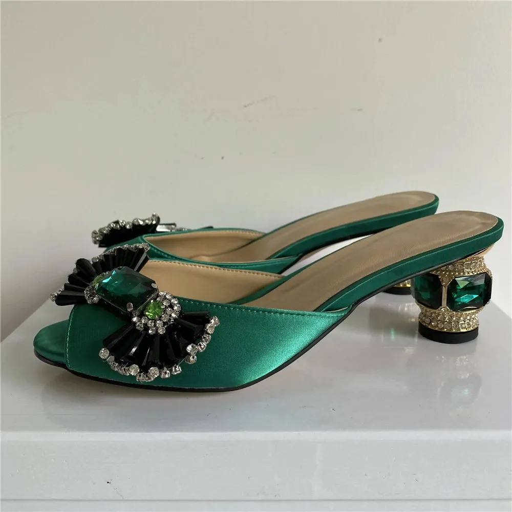 Emerald Diamond Candy Butterfly-knot Sandals Women Luxury Satin Open Toe Jeweled Rhinestone High Heel Shoes Woman