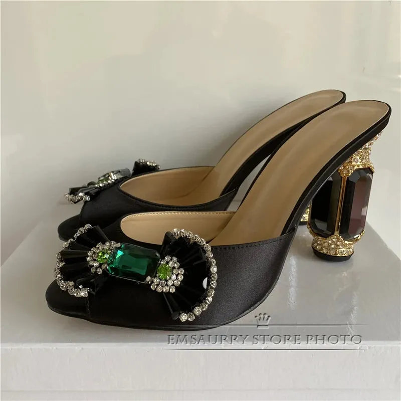 Emerald Diamond Candy Butterfly-knot Sandals Women Luxury Satin Open Toe Jeweled Rhinestone High Heel Shoes Woman