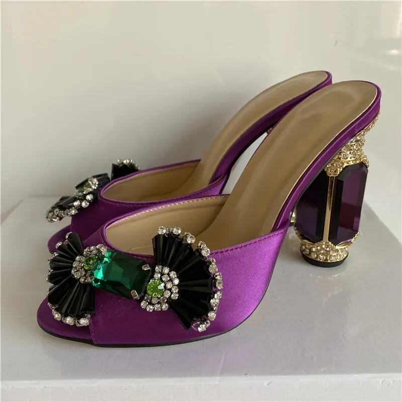 Emerald Diamond Candy Butterfly-knot Sandals Women Luxury Satin Open Toe Jeweled Rhinestone High Heel Shoes Woman