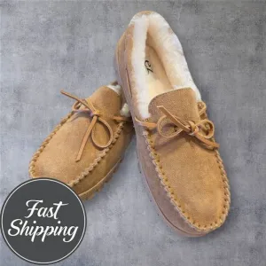 EZ FEET REAL SHEARLING/SUEDE SLIP ON LOAFER SLIPPERS MENS SIZE 10 US