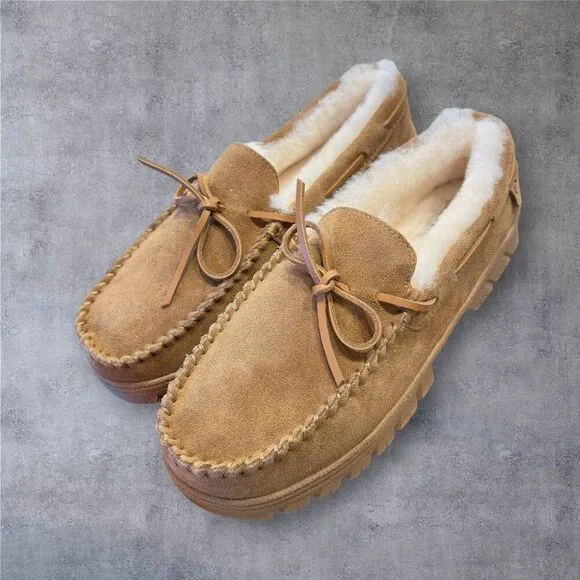 EZ FEET REAL SHEARLING/SUEDE SLIP ON LOAFER SLIPPERS MENS SIZE 10 US