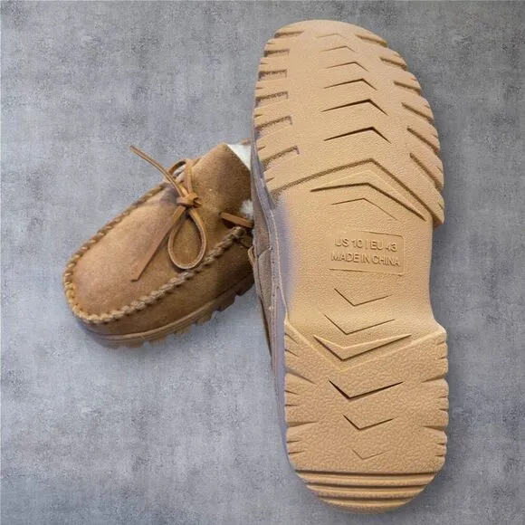 EZ FEET REAL SHEARLING/SUEDE SLIP ON LOAFER SLIPPERS MENS SIZE 10 US